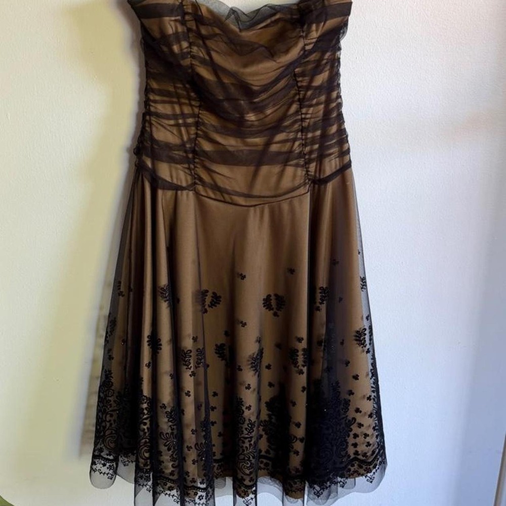 Rebecca Vintage Whimsygoth Brown Black Strapless Lace Dress Floral Embroidery